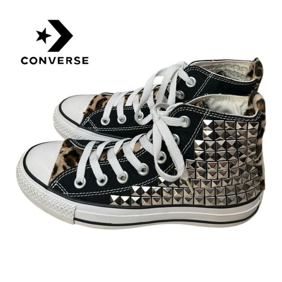 Converse Women's Black M9160 All Star Hi Black Custom Leopard Studs Sneakers 6 - Picture 2 of 6